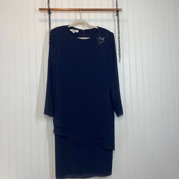 Patra Women’s Navy Blue Sequin & Pearlized Midi Shift Dress Long Sleeve Size 16 - Picture 1 of 8